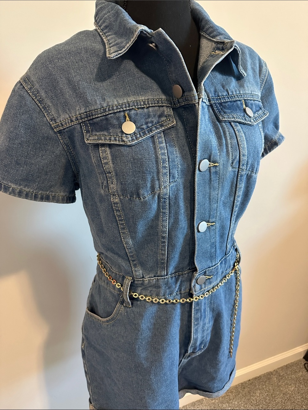 Denim Short-Sleeve Romper Jumpsuit - Blue - Picture 4 of 4